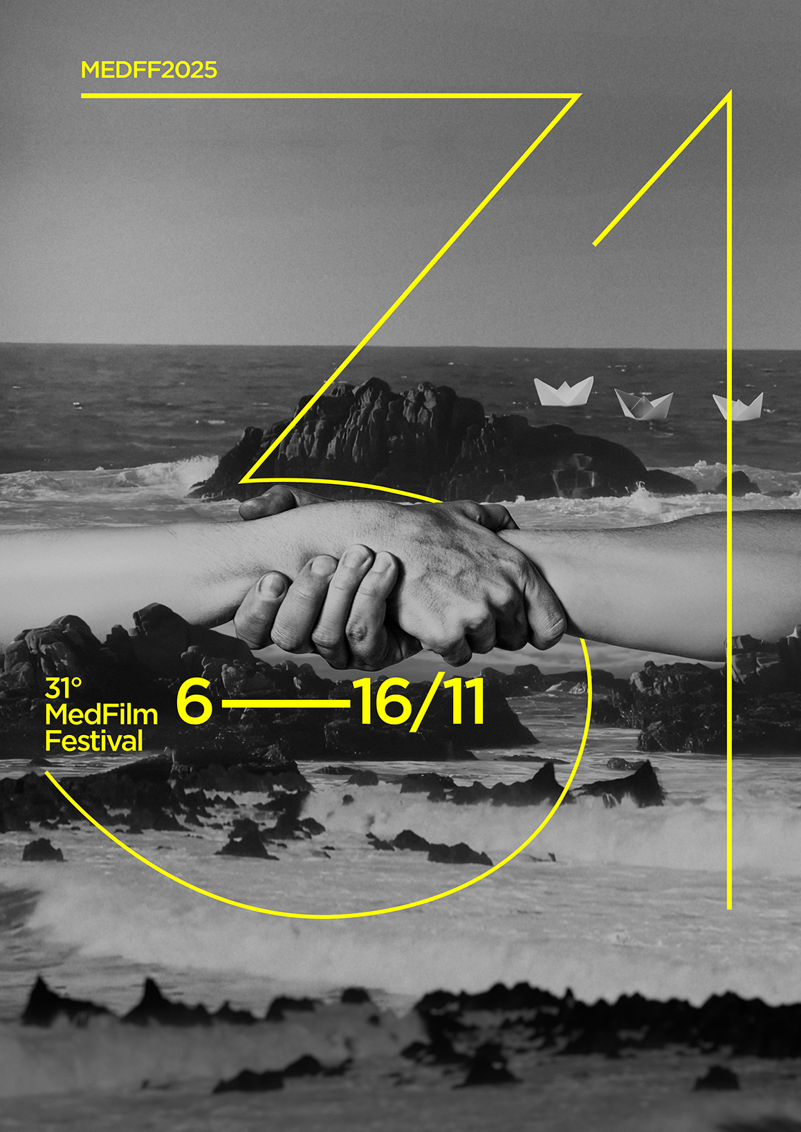 Vertical poster for the Med Film Festival 2025 by Gianluca Abbate, depicting two hands meeting on a stormy coastline, representing peace and dialogue among Mediterranean cultures.