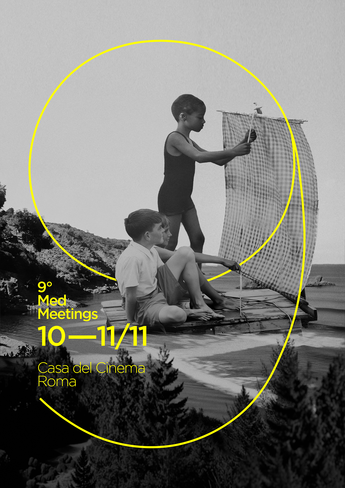 Vertical poster for the Med Film Festival 2025 by Gianluca Abbate, featuring a group of children embarking on a sea journey, symbolizing travel, hope, and rebirth.