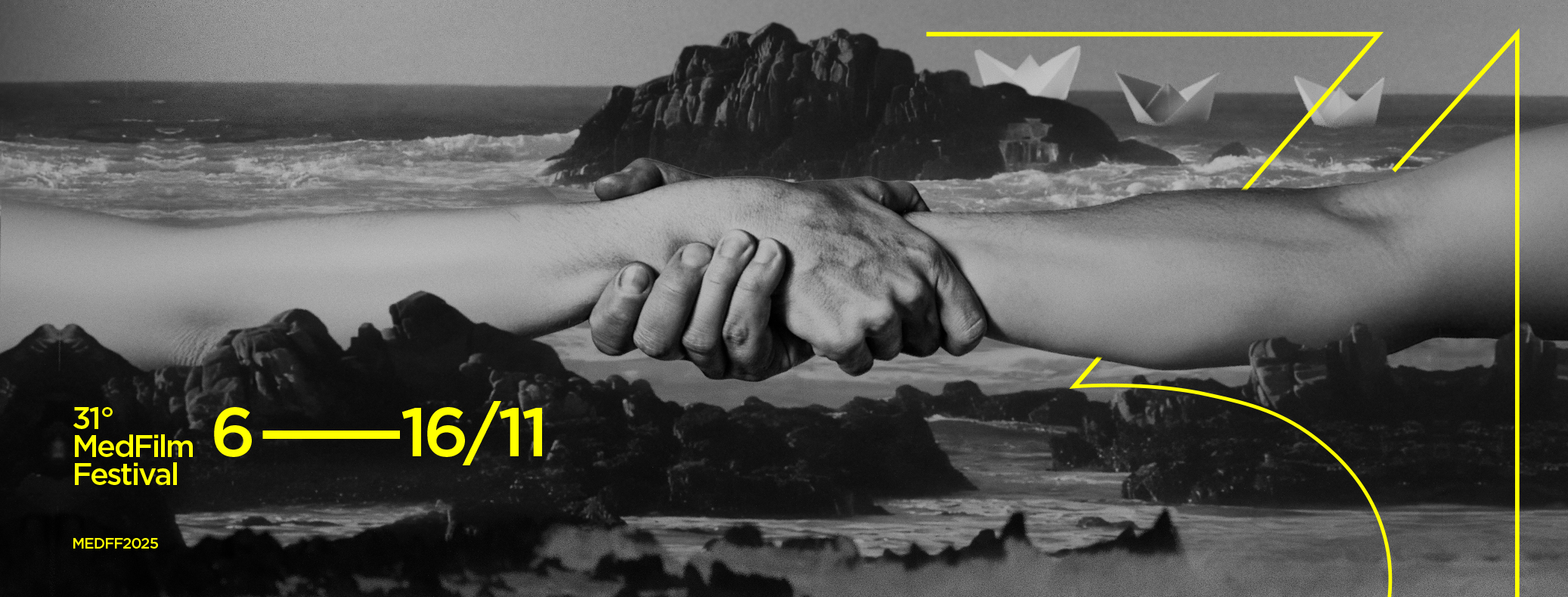 Horizontal poster for the Med Film Festival 2025 by Gianluca Abbate, depicting two hands reaching each other on a stormy coastline, symbolizing peace and unity.