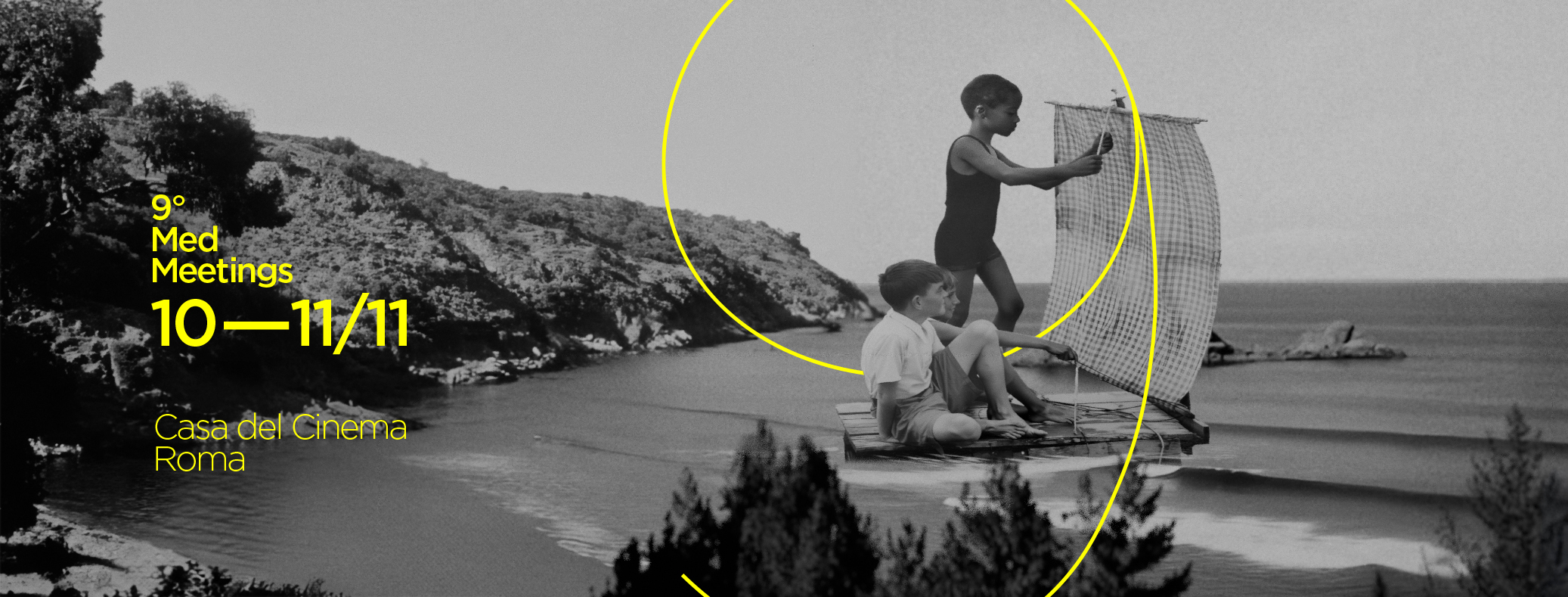 Horizontal poster for the Med Film Festival 2025 by Gianluca Abbate, showing a group of children in a small boat at the beginning of their journey across the Mediterranean Sea, symbolizing hope and renewal.