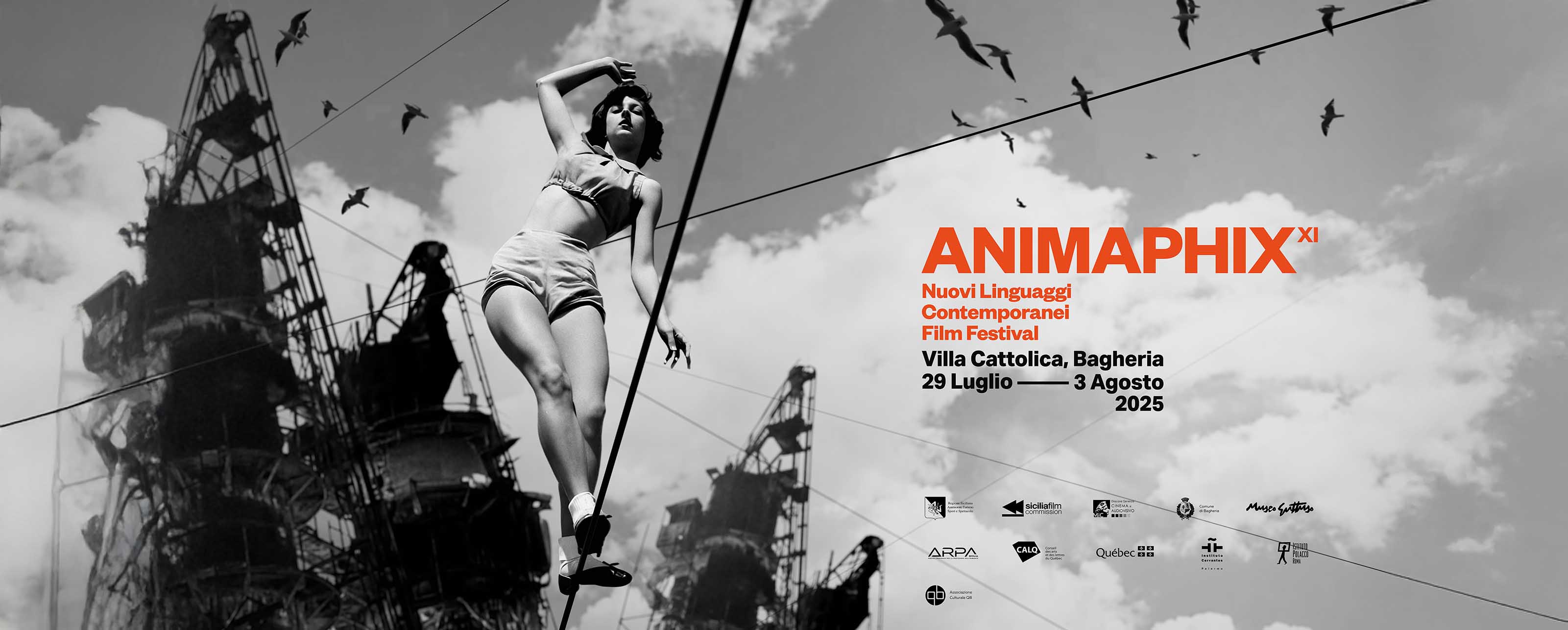 Horizontal poster for Animaphix 2025 featuring a female tightrope walker with the factory in the background.