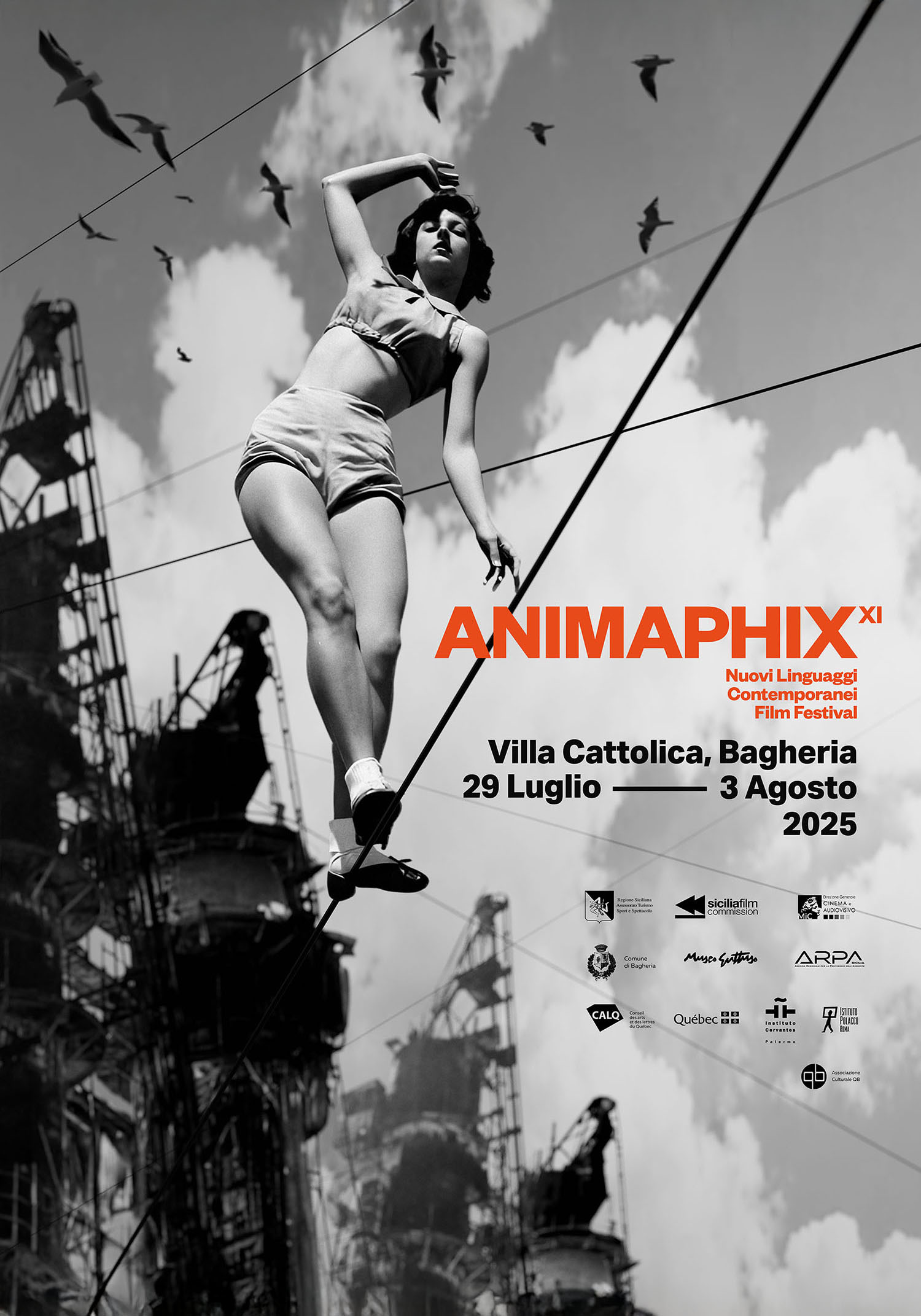 Vertical poster for Animaphix 2025 featuring a young female tightrope walker with the factory in the background.