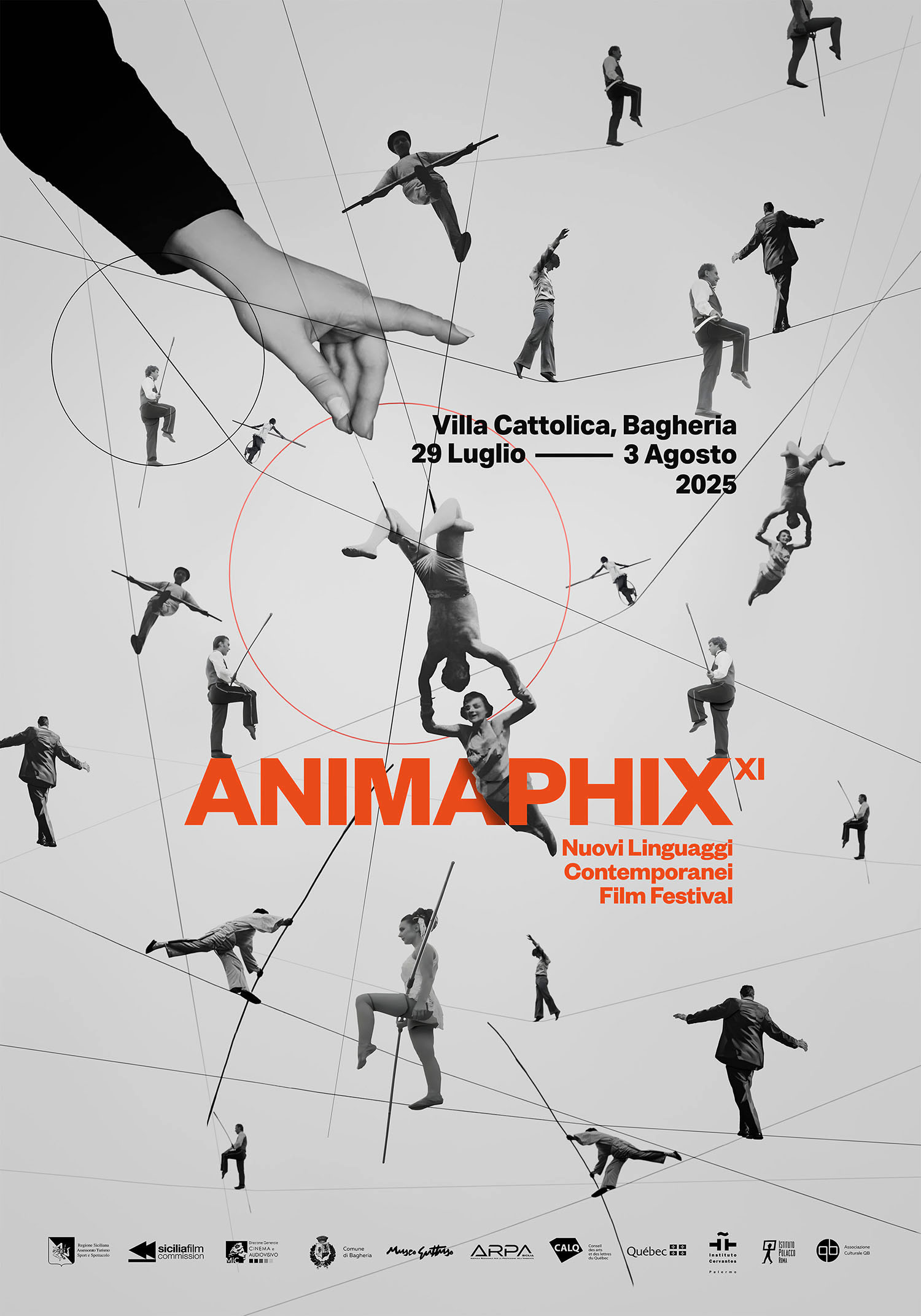 Vertical poster for Animaphix 2025 showing all the tightrope walkers together in a symbolic group composition.