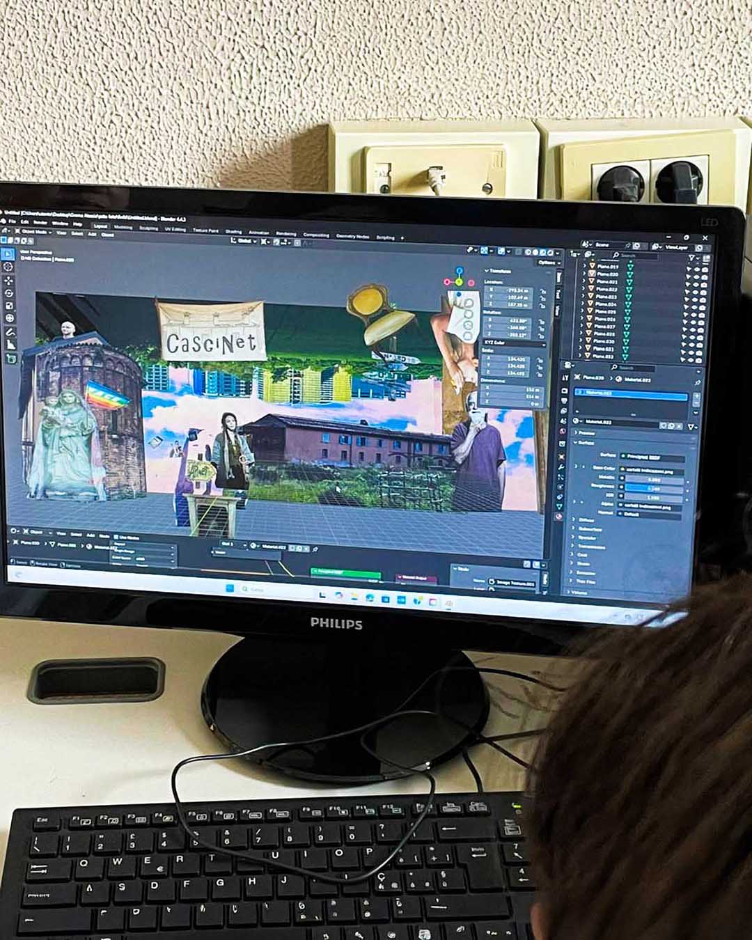 Blender open on screen while students work during the workshop led by Gianluca Abbate