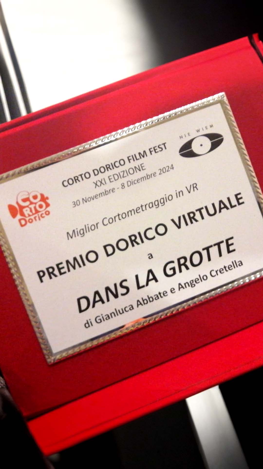 Dans la Grotte – the award received at Corto Dorico Film Festival