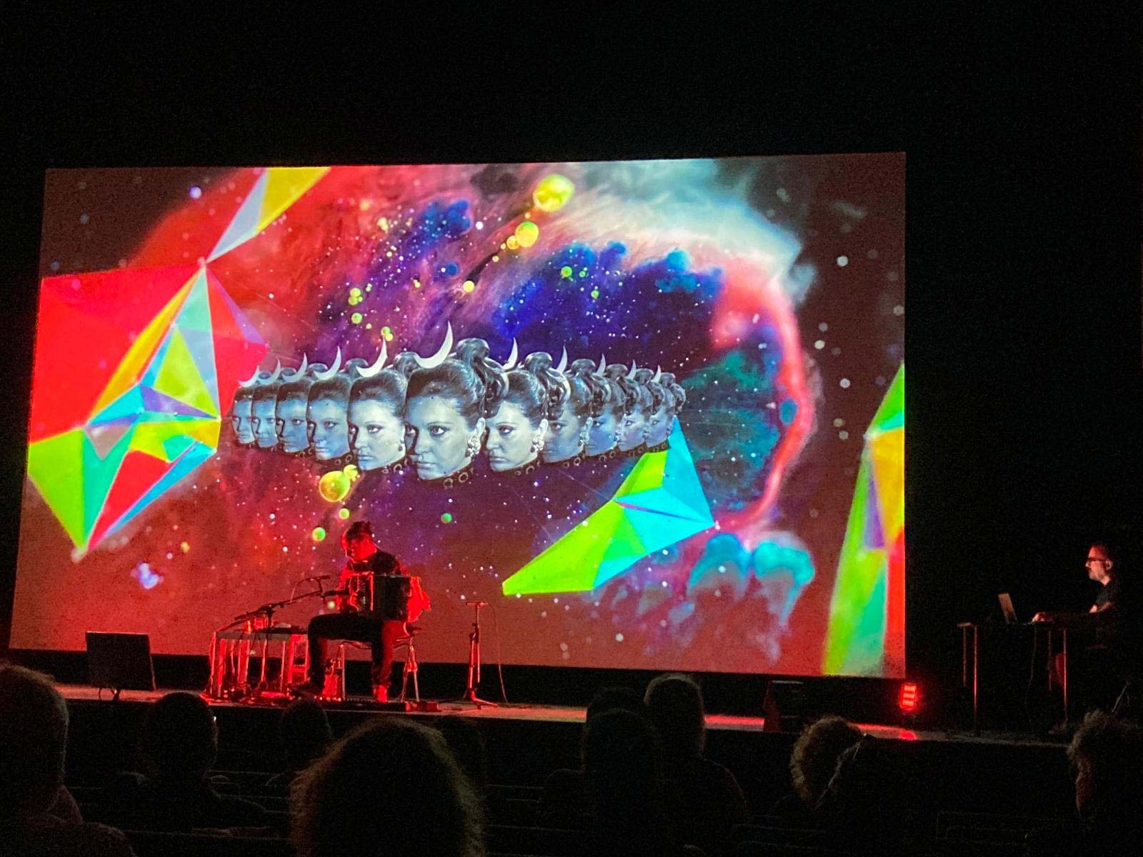 Inside the Triennale Milano theater during the Visionaria performance with Alessandro D’Alessandro and Gianluca Abbate.
